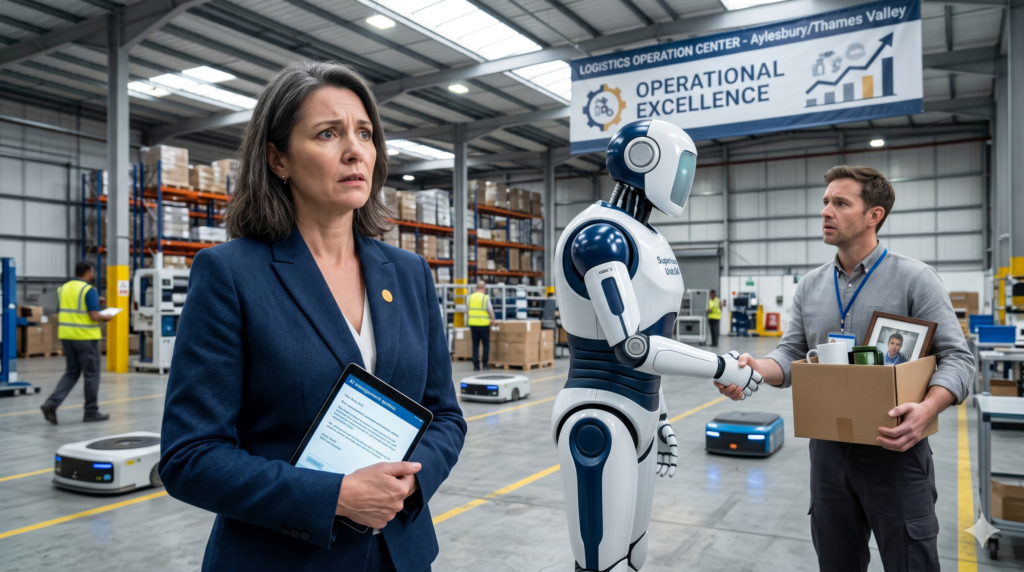 ai won’t attend a tribunal. you will. Robot dismissing a worker while the manager looks with shock.